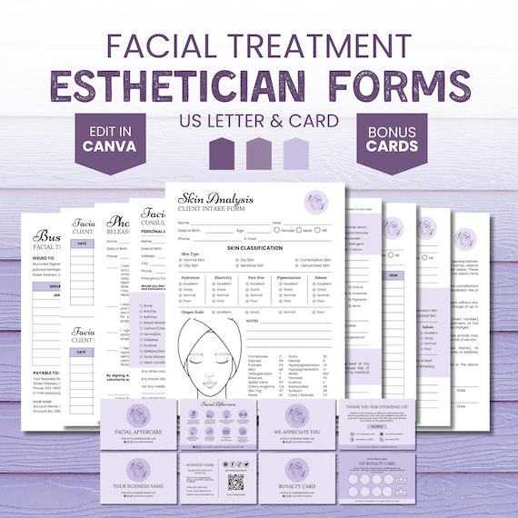 Facial Treatment Forms, Purple Facial Consultation Form, Esthetician Intake Form, Violet Esthetician Consent Forms, Beauty Salon Templates