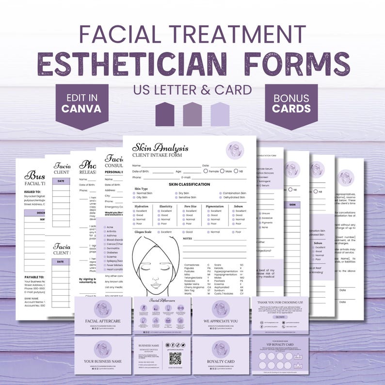 May include: A collection of esthetician forms and bonus cards, including client intake, release, and aftercare forms. The forms are in US Letter & Card format, with a purple and white color scheme. The text includes "Facial Treatment" and "Esthetician Forms".