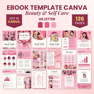 Może przedstawiać: Różowy i biały szablon ebooka Canva dla urody i pielęgnacji, z tekstem "EBOOK TEMPLATE CANVA Beauty & Self Care US LETTER 126 PAGES". Szablon zawiera różne układy stron z kwiatowymi i kobiecymi elementami.