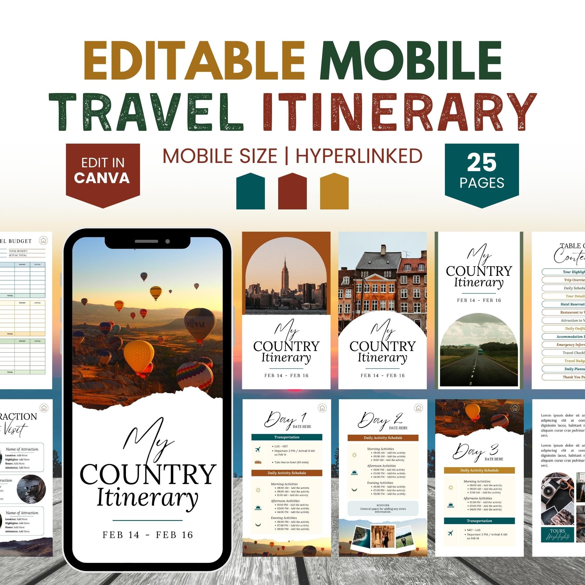 Mobile Travel Itinerary Template Canva, Trip Itinerary Guide, Digital ...