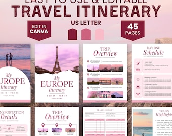 Pink Travel Itinerary Template Canva, Travel Budget Planner, Editable Trip Itinerary, Travel Guide Digital Travel Planner, Vacation Planner