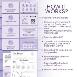 May include: A collection of lavender-colored business cards and forms for a facial aftercare business. The cards include the business name, contact information, and a loyalty card. A skin analysis form is also included.