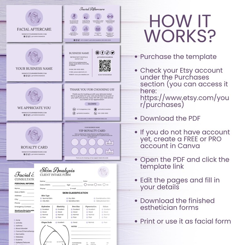 May include: A collection of lavender-colored business cards and forms for a facial aftercare business. The cards include the business name, contact information, and a loyalty card. A skin analysis form is also included.