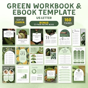 Könnte beinhalten: Eine grüne Arbeitsbuch- und E-Book-Vorlage mit dem Text "Green Workbook & Ebook Template" und "US Letter". Die Vorlage enthält ein 12-seitiges Rezeptbuch und 160 Seiten. Die Vorlage ist in Canva bearbeitbar.