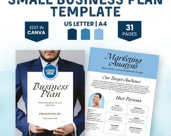 Business Plan Template Canva | Editable Business Planner | Start Up Proposal | Printable Business Workbook | Blue Business Branding Digital