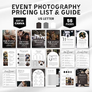 Modelo de guia de preços de fotografia, modelo de preços de fotógrafo, guia de serviços fotográficos, modelo de lista de preços de pacote fotográfico Canva