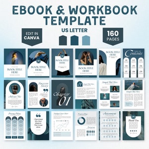 May include: A teal and white ebook and workbook template with 160 pages. The template includes a table of contents, chapters, success story, about me, pricing plans, progress ring, assessment, and thank you pages. The template is designed for US Letter size.