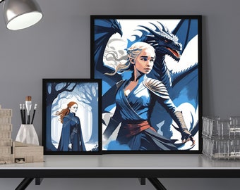 GoT Digital Poster Set - Daenerys, Jon S., Sansa S., Night King - Blue and White Collection