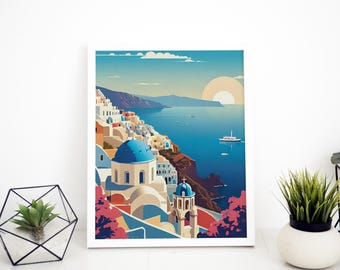 Santorini Wall Art Print – Mediterranean Sunset Digital Download, Greece Travel Poster, Coastal Landscape Illustration