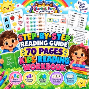 May include: A 70-page kids reading workbook titled Step-By-Step Reading Guide, featuring colorful illustrations of two children, educational worksheets with letter recognition, CVC word families, and blending sounds, plus five circular icons.