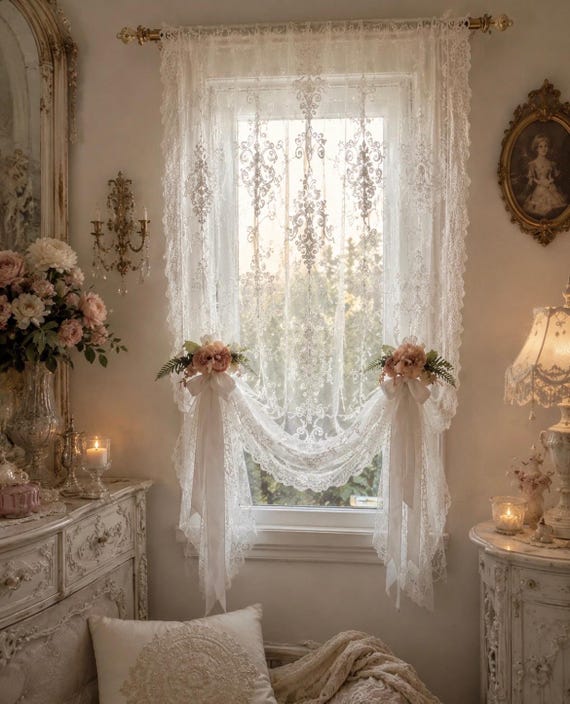 White Embroidered Lace Curtain – One-of-a-kind Atelier Faggianis Piece – With Bows and Rose Branches – Free Shipping