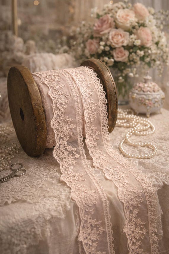 Beige pink lace border on tulle