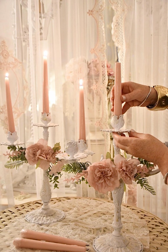 Pair of Vintage Italian Candelabra -1950s-White Patina with Gold Accents- Romantic Shabby Chic Decor -3 Arms-Unique Gift