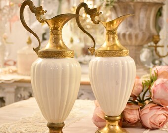 Pair of brass and porcelain amphorae