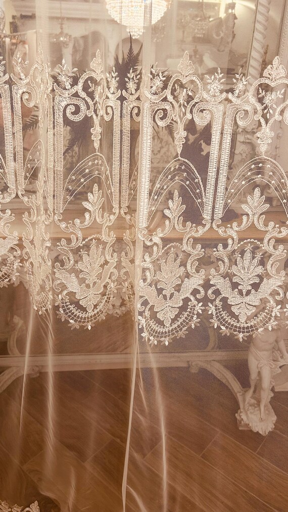 Remnant of Embroidered Tulle from the 1960s, Neoclassical Elegance in Delicate Cream