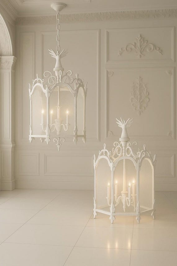 Vintage 1950s Italian lantern in antiqued white metal with 6 lights, a unique piece for living rooms and prestigious environments.