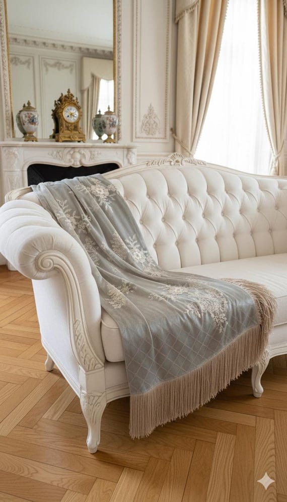 Powder Blue Runner of Excellence in Sateen, Embroidered Tulle, and Silk Fringe – One-of-a-kind piece by Atelier Faggianis