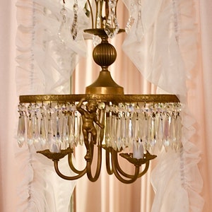 Antique 20th century bronze chandelier with cherubs and crystals