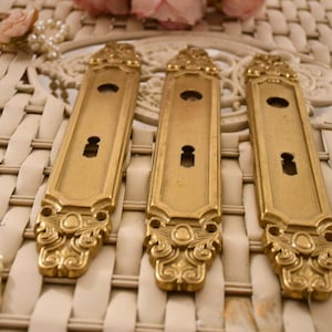 Peut inclure: Trois poignées de porte ou d'armoire ornées de couleur or avec une découpe de trou de serrure et des motifs floraux complexes.