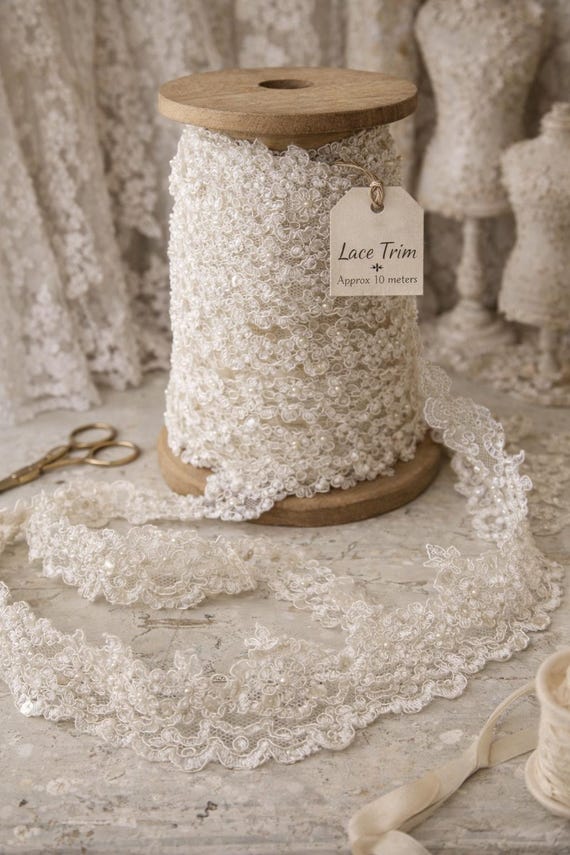 Rare 1950s Italian Couture Lace in Pure White, Beads and Sequins, from an Ancient Atelier in Naples