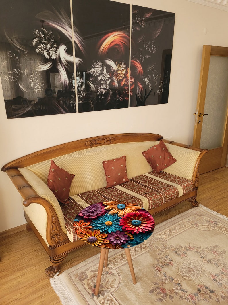 Abstract Flowers Printed Glass Round Coffee Table, Flowers Glass Coffee Table, Flowers Printed