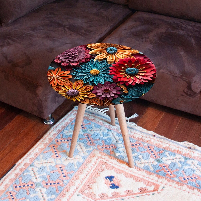Abstract Flowers Printed Glass Round Coffee Table, Flowers Glass Coffee Table, Flowers Printed