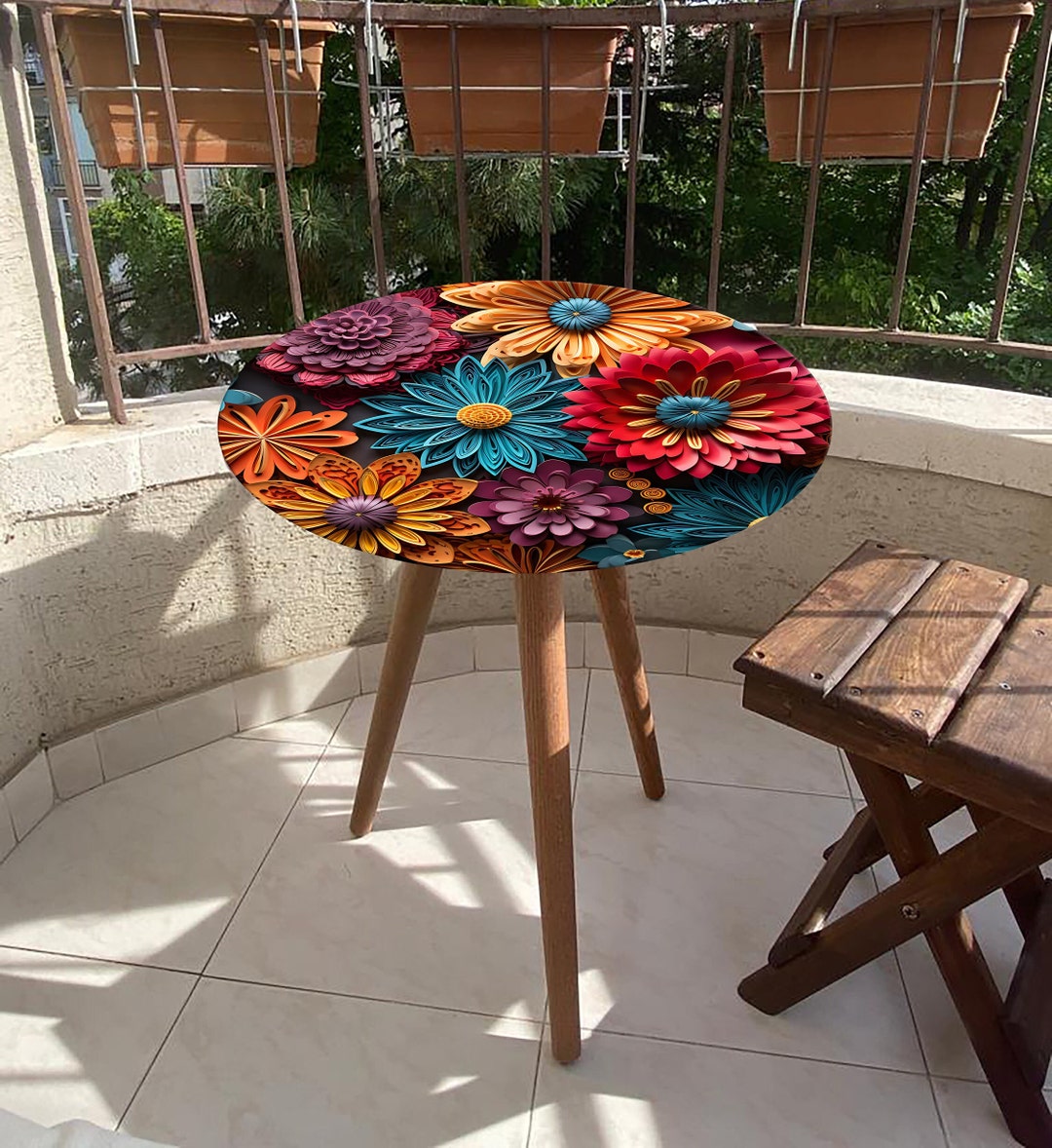 Abstract Flowers Printed Glass Round Coffee Table, Flowers Glass Coffee Table, Flowers Printed