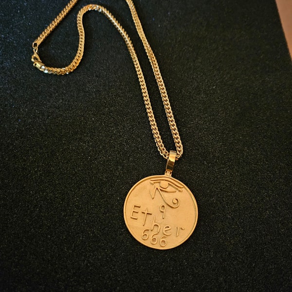 14k gold plated pendant Eye of Ra 9 ether six protons six neutrons and six electrons , 20" 14k gold plated " box chain