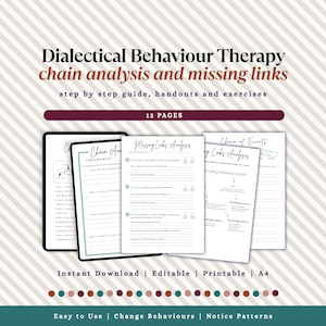Puede incluir: Descarga digital de hojas de trabajo para el análisis de cadena y enlaces perdidos de la Terapia Dialéctica Conductual (TDC). El diseño incluye texto y gráficos en papel blanco, con un fondo neutro. Fácil de usar, editable e imprimible.