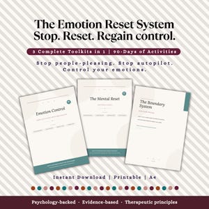 Op de afbeelding: Afbeelding van drie afdrukbare toolkits voor emotiecontrole, mentale reset en grenssystemen. De tekst luidt "The Emotion Reset System" en "Stop. Reset. Regain control." De afbeelding vermeldt ook "Instant Download | Printable | A4".