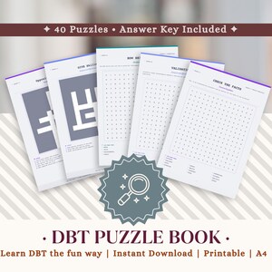 May include: A collection of white DBT puzzle books with coloured borders. The books feature different puzzle designs and the text "40 Puzzles • Answer Key Included" is at the top. The bottom of the image reads "DBT PUZZLE BOOK."