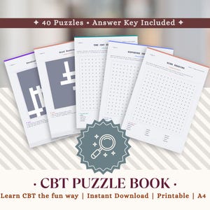 May include: A collection of CBT puzzle books with a magnifying glass logo. The books have coloured edges and feature word search puzzles. Text at the top reads "40 Puzzles • Answer Key Included." The bottom text says "CBT PUZZLE BOOK" and "Learn CBT the fun way | Instant Download | Printable | A4."