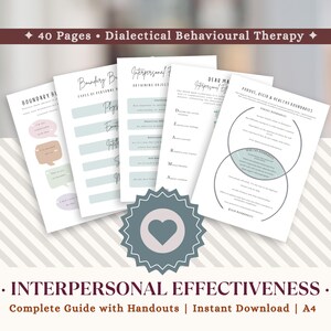 May include: A collection of printable worksheets on interpersonal effectiveness. The pages feature text and diagrams on topics like boundary setting and communication. The image includes the text "40 Pages • Dialectical Behavioural Therapy" and "INTERPERSONAL EFFECTIVENESS".