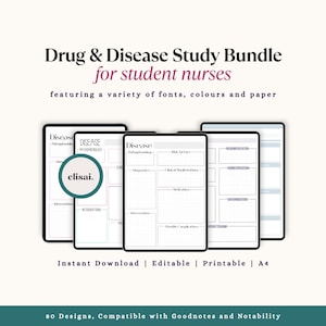 May include: A digital study bundle for student nurses, featuring a variety of fonts and colors. The image shows several digital tablets with study templates, including sections for disease pathology and interventions. Text includes "Drug & Disease Study Bundle" and "Instant Download".