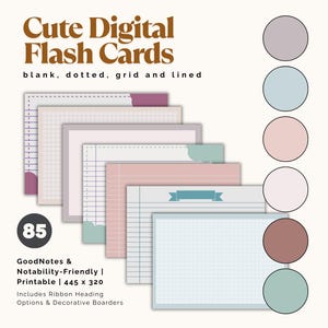 85 Digital Flash Cards: Lined, Grid, Dotted, Plain (Printable & Goodnotes)