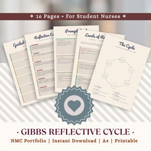 Può includere: Pagine A4 stampabili per studenti infermieri, con il ciclo riflessivo di Gibbs e altri suggerimenti di riflessione. Il design include un emblema a forma di cuore e il testo "16 Pages For Student Nurses".
