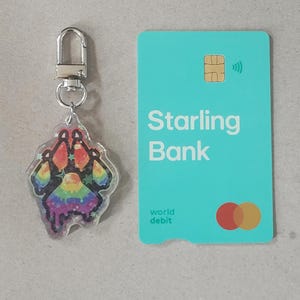 Size comparison of a Pride Paw Flag Keychain by Kaladania. Keychain is compared to the size of a standard credit card (of which - including the height of the hook - the keychain is as tall as the credit card).