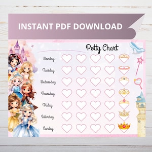 May include: A pink and white printable potty training chart with a princess theme. The chart features a castle, a crown, a wand, and a mirror. The days of the week are listed on the left side of the chart, and there are hearts for each day to mark successes.