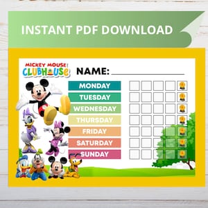 May include: A printable Mickey Mouse Clubhouse chore chart with a yellow background and a green tree. The chart has a space for a name, days of the week, and a grid for checking off tasks. The chart features Mickey Mouse, Minnie Mouse, Donald Duck, Goofy, and Pluto.