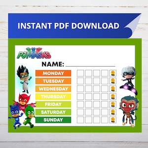 Puede incluir: Tabla de tareas imprimible de PJ Masks con fondo verde. La tabla tiene un espacio para un nombre, los días de la semana y una cuadrícula de casillas para marcar las tareas. La tabla presenta a los personajes de PJ Masks: Owlette, Gekko y Catboy.
