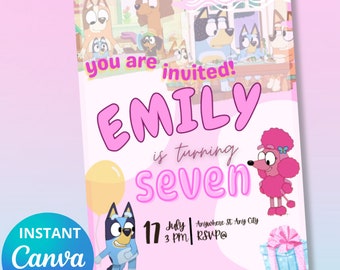 May include: A pink and white birthday invitation with a cartoon dog and a poodle. The invitation says "You are invited! Emily is turning seven. 17 July 3 PM RSVP@ Anywhere St Any City"