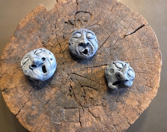 Trio of Whimsical Ceramic Faces - Unique Celestial Wall Art