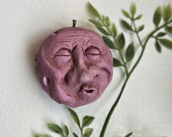 Red Ceramic Moon Face - Celestial Wall Art