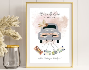 May include: A wedding card with a watercolour background featuring a grey vintage car with the text "Just Married" on the back. The car is pulling a string of money with the text "Maya & Leon 01. Januar 2024" and "Alles Liebe zur Hochzeit!" at the bottom.