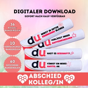 Op de afbeelding: Digitale download van 36, 10 en 60 gepersonaliseerde cadeaulabels met het woord "du" in rood en wit. De labels hebben verschillende berichten, waaronder "Wirst in guter Erinnerung bleiben", "Verlässt unser Kaffeekränzchen", "Hast es geschafft!" en "Fängst ein neues Kapitel an". De labels zijn voor een collega die vertrekt.