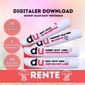 Könnte beinhalten: Drei weiße Röhrchen mit roten Akzenten und dem Wort "du" darauf gedruckt. Jedes Röhrchen hat einen anderen Slogan darauf gedruckt: "Hast jetzt 365 Urlaubstage", "Verdienst Geld ohne zu arbeiten" und "Hast jetzt auch Montags gute Laune". Die Röhrchen sind übereinander gestapelt. Der Hintergrund ist ein rosa-orangener Farbverlauf. Der Text "DIGITALER DOWNLOAD" und "SOFORT NACH KAUF VERFÜGBAR" ist oben im Bild gedruckt. Der Text "RENTE" ist unten im Bild gedruckt.
