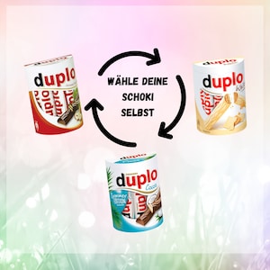 May include: Three different flavors of Duplo chocolate bars. The flavors are hazelnut, white chocolate, and coconut. The text on the packaging says "W&auml;hle deine Schoki selbst" which translates to "Choose your chocolate yourself".