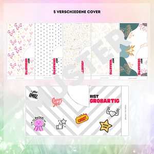 May include: Five different printable cover designs for a greeting card. The covers feature various patterns, including hearts, polka dots, and floral designs. The text on the covers reads "Bist Grobartig", which translates to "You are awesome" in English. The bottom of the image shows a gray and white chevron pattern with the text "Bist Grobartig" and several stickers, including a thumbs up, a star, and a fire.