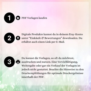 May include: A three-step guide on how to purchase, download, and print PDF templates. The steps are numbered 1, 2, and 3 with corresponding icons. Step 1 shows a shopping cart icon, step 2 shows a download icon, and step 3 shows a printer icon. The text in the image explains the steps in detail.