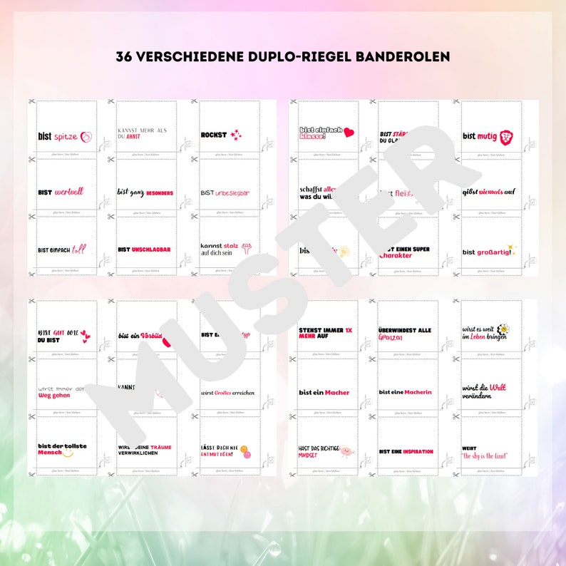 May include: A set of 36 colorful printable cards with positive affirmations. Each card features a pink heart and a white background with black text. The text on the cards includes phrases like "You are a star", "You are amazing", and "You are loved".